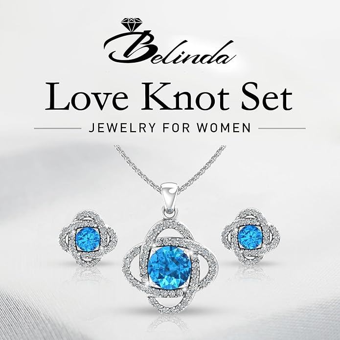 Women 925 Sterling Silver Cute Love Knot Sparkling Gemstone Push Back Stud Earrings Hanging Pendant Necklace Beautiful Fine Jewelry Accessory Set, 1.65 Carat