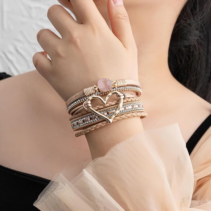 Rantanto Braid Leather Wrap Bracelet Trendy Stackable Crystal Cuff Boho Gold Heart Bracelet Jewelry Gift For Women