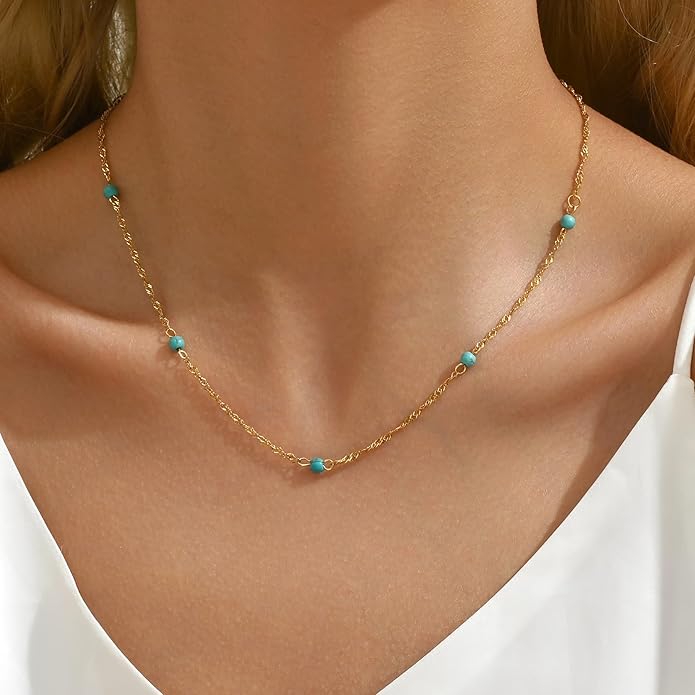 Gold Chain Necklace for Women Dainty 18K Gold Plated Thin Satellite Beaded Turquoise Necklace Simple Gold Boho Jewelry