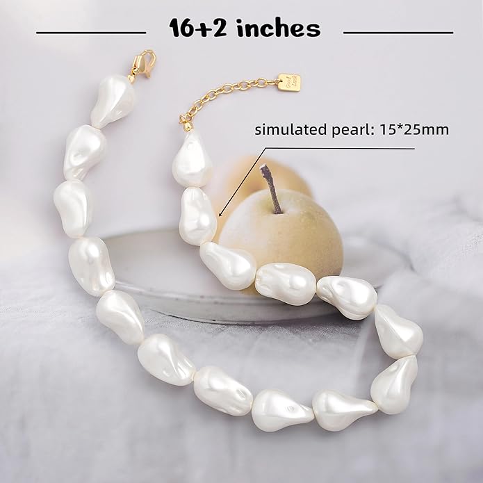 Chunky Statement Stone Beaded Necklace, Big Baroque Pearl Gold Choker, Trendy Boho Colorful Stone Jewelry