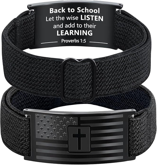 LDOWWGL Valentines Day Gifts - Mens Bracelet - American Flag Christian Cross Bracelet for Boys - Adjustable Black Elastic Stretch Strap with Bible Verse - Gift for Son Grandson