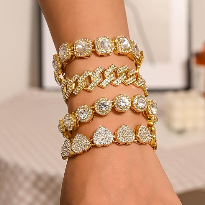 4-PCS Cuban Link Bracelets for Women,Diamond Tennis Bracelet Set,14K Gold Plated Layered Stackable Jewelry, Adjustable Bling Gift Set for Women
