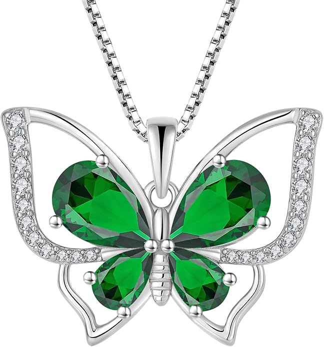 YL Women's Butterfly Necklace 925 Sterling Silver Flower Rose Pendant Birthstone Halo Jewelry