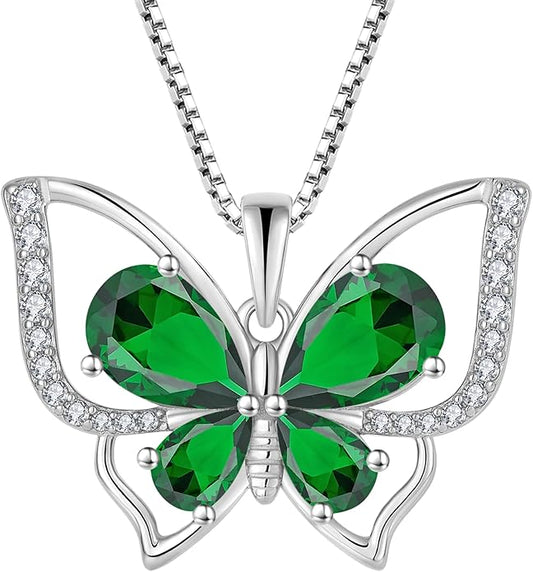 YL Women's Butterfly Necklace 925 Sterling Silver Flower Rose Pendant Birthstone Halo Jewelry