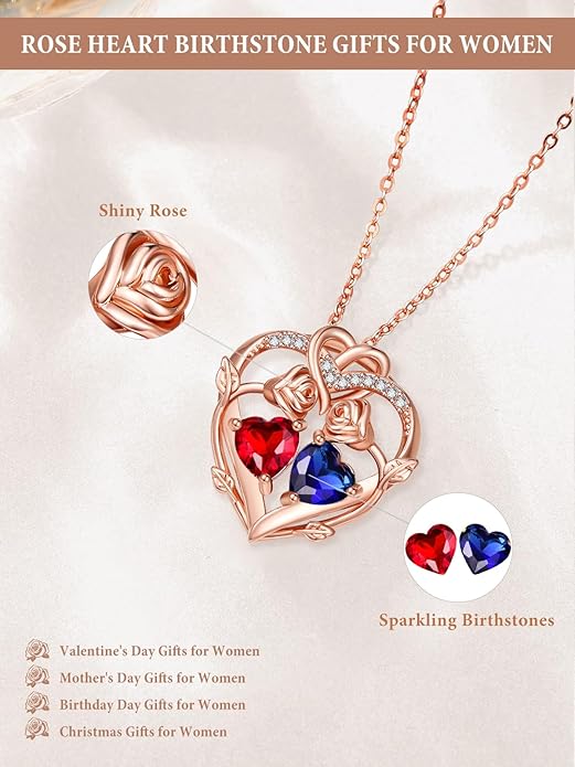 Rose Gold Necklaces for Women Double Birthstone Rose Flower Heart Pendant Necklace Jewelry Anniversary Christmas Valentine's Mother's Day Birthday Gift for Wife Mom Her Girlfriend Sister