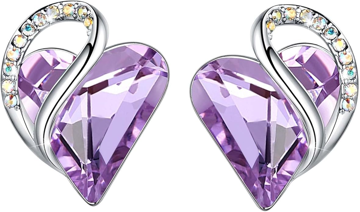 Earrings for Women, Mothers Day Gift for Mom, Heart Birthstone Crystal Stud Earring, Silver Plated Birthday Jewelry