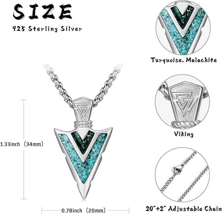 Suiknsn Arrowhead Necklace for Men Women 925 Sterling Silver Turquoise Malachite Celtic/Eye of Horus/Viking Arrow Pendant Amulet Jewelry Gifts Native American Necklace