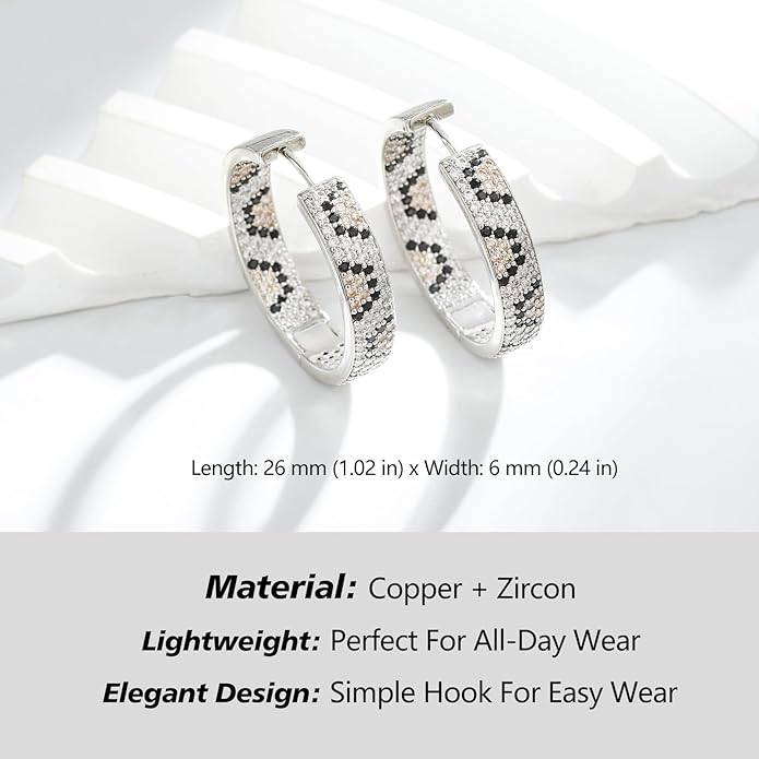 Rose Gold Hoop Earrings for Women, 925 Silver-Plated Thickened Hypoallergenic Earrings, CZ Black Gemstone-Inlaid Earrings - Women's Fashion Jewelry