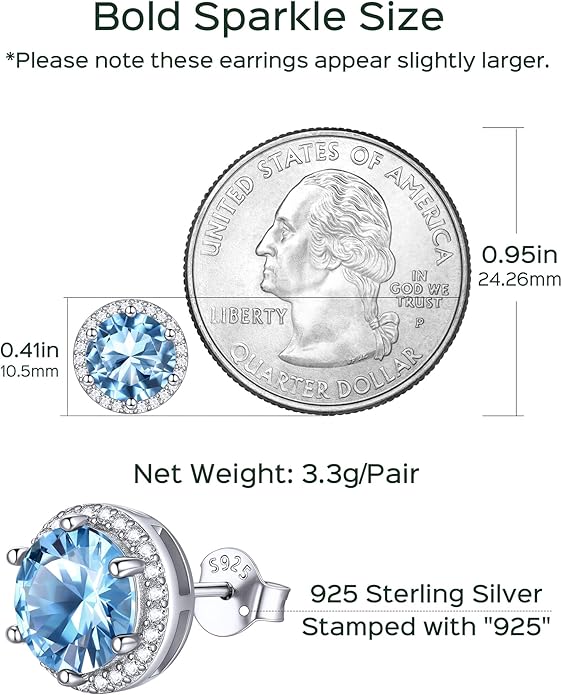 ChicSilver 925 Sterling Silver Birthstone Earrings for Women, 8MM/2 Carat Heart & Round Cubic Zirconia Stud Earrings, Hypoallergenic Jewelry, Ideal Birthday or Christmas Gifts