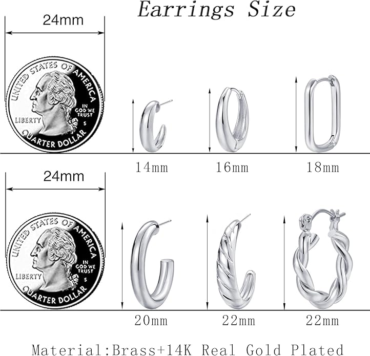 Hoop Earrings Set for Women, 6 Pairs 14K Gold Plated Lightweight Hypoallergenic Chunky Open Twisted Hoops Earrings Pack Jewelry