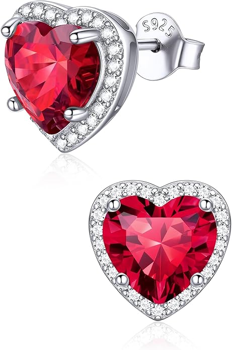 ChicSilver 925 Sterling Silver Birthstone Earrings for Women, 8MM/2 Carat Heart & Round Cubic Zirconia Stud Earrings, Hypoallergenic Jewelry, Ideal Birthday or Christmas Gifts