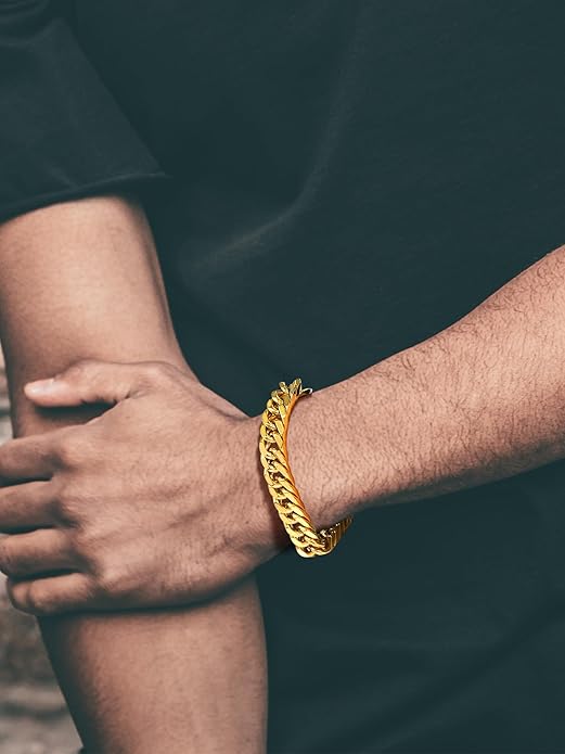 8/12/17mm Wide Cuban Link Bracelet for Men Father Gift 18K Gold/Black Plated Stainless Steel Bracelets 7.4-9 Inches(Gift Wrapped)