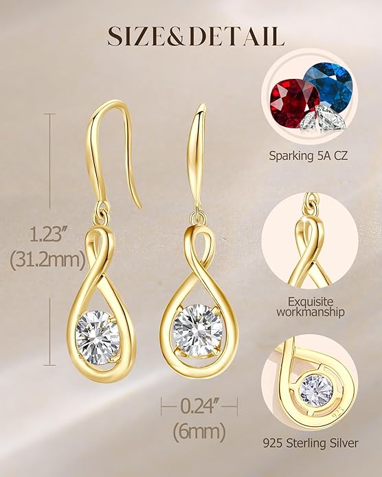 FANCIME Dangle Drop Earrings 925 Sterling Silver Dainty Infinity Round Gemstone Birthstone Jewelry Birthday Gifts for Her Women