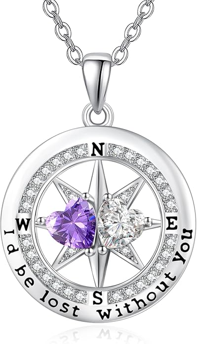Compass Birthstones Necklace for Women, Exquisite Anniversary Birthday Gifts for Wife Her Double Birthstone Pendant jewelry ‘I'd be Lost Without You’