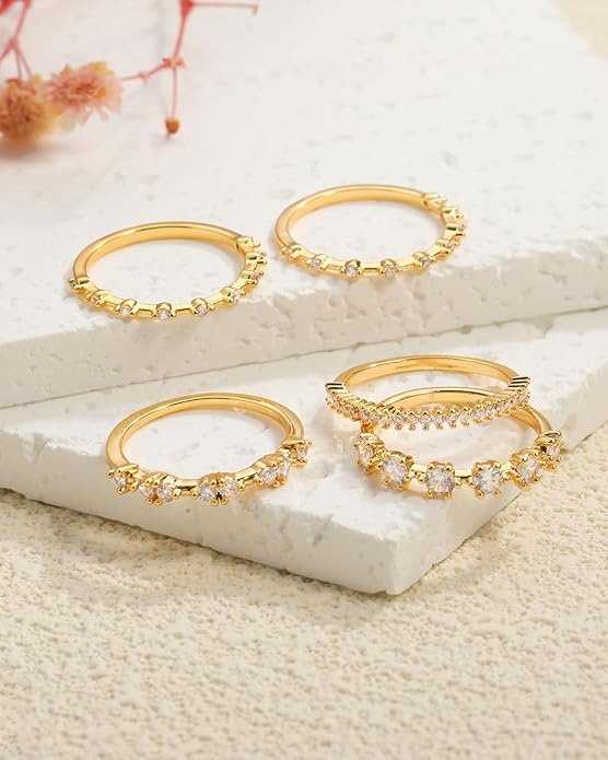 FUNEIA Stackable Silver Gold Rings for Women Non Tarnish 14K Gold Plated Thumb Cubic Zirconia Rings for Women Dainty Pinky Promise Wedding Ring Set Women's Engagement Eternity Band Rings Gold Jewelry