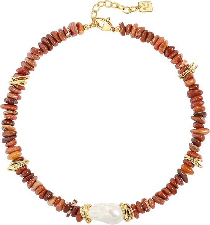 Chunky Statement Stone Beaded Necklace, Big Baroque Pearl Gold Choker, Trendy Boho Colorful Stone Jewelry