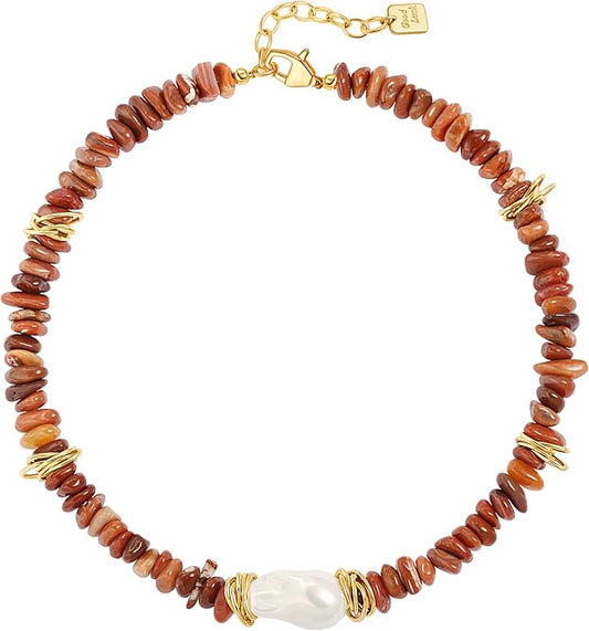 Chunky Statement Stone Beaded Necklace, Big Baroque Pearl Gold Choker, Trendy Boho Colorful Stone Jewelry