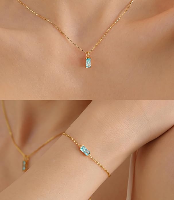 Birthstone 14K Gold Plated Bracelets Earrings Necklaces Jewelry Set， Blue Green May Cubic Zirconia，Friendship Bracelets Jewelry Gifts for Mom Best Friend Birthday