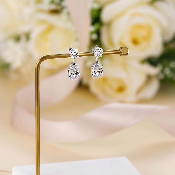 EAMTI Teardrop Wedding Earrings for Women Cubic Zirconia Dangle Bridal Earrings 925 Sterling Silver Post Pear Cut Earring for Prom Bridesmaid
