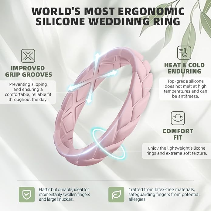 Egnaro Women's Silicone Stackable Rings 3.5mm Wide 2mm Thick, Rubber Flexible Hypoallergenic Wedding Bands For Workout Leaf Braided Fashion