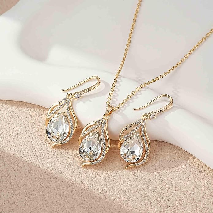 EVEVIC Austrian Crystals Teardrop Hollow Twisted Pendant Necklace Earrings for Women 14K Gold Plated Halo Drop Dangle Earrings Hypoallergenic Jewelry Set