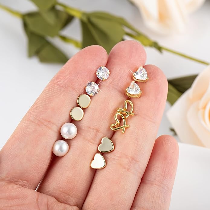 Stud Earrings for Women Hypoallergenic Sterling Silver Post Hoop and Studs Earrings Set for Multiple Piercing Small Ball Cubic Zirconia Earring Studs for Women Trendy Jewelry Gifts（6 Pairs）