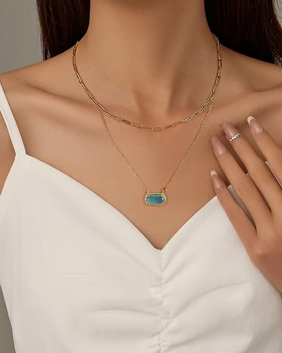 Lourny Gemstone Birthstone Pendant Layered Necklace for Women Trendy, 18K Gold Plated Paperclip Chain Preppy Choker Charm Necklace for Women Wife Jewelry