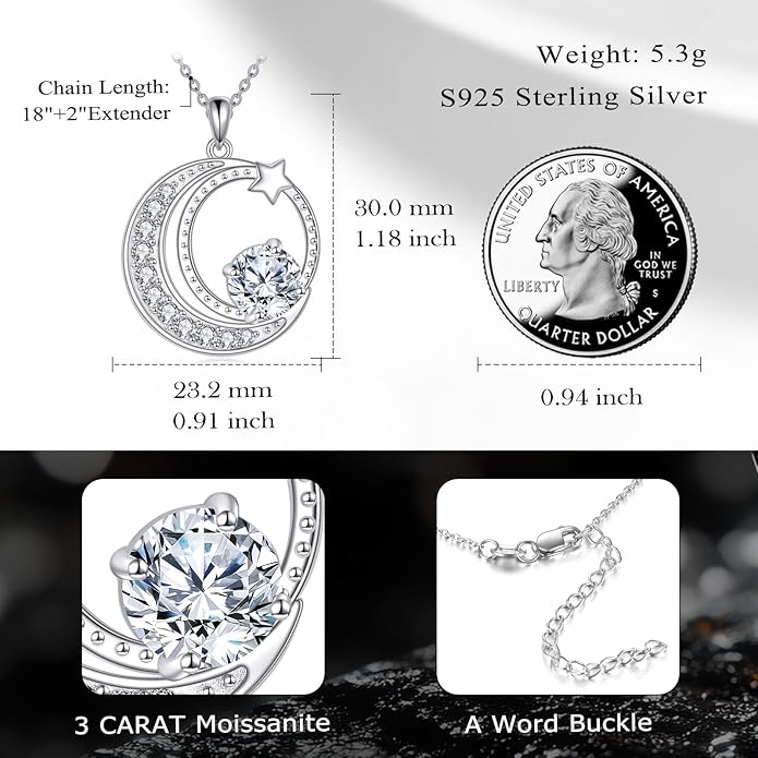 Moissanite Necklace for Women 925 Sterling Silver Eternal Pendant 1ct Lab Diamond Necklace Jewelry Gifts for Wife Girlfriend Mom