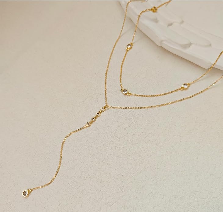 Lariat Silver/Gold Necklace for Women 925 Silver/14K Gold Plated Dainty Long Necklace Y-Shaped Drop Pendant Necklaces Choker Trendy Chain Simple Layered Necklaces CZ Jewelry for Women Set Gift