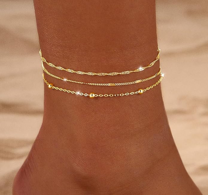 2/3 PCS Gold Anklets for Women Waterproof Cuban Link Anklet Beaded Bracelets Stackable Bracelets 14K Gold Plated Custom Jewelry Gifts Non Tarnish Lightweight