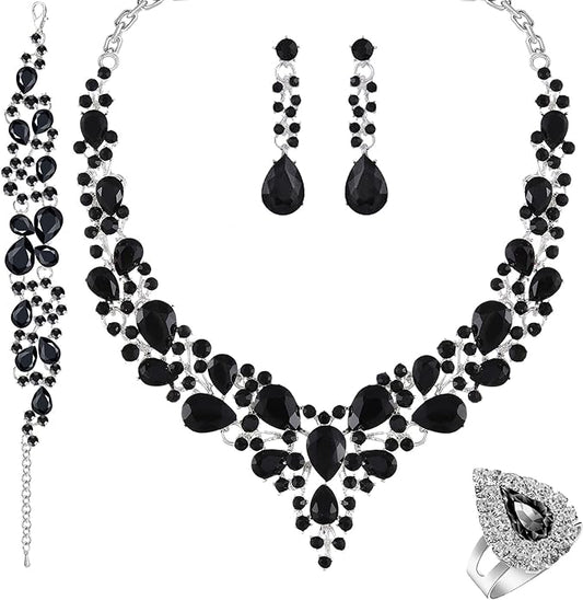 Paxuan Crystal Bridal Wedding Jewelry Sets for Women Rhinestone Teardrop Crystal Statement Choker Necklace Drop Earrings Link Bracelets Rings Teardrop Jewelry Set for Brides Bridesmaids
