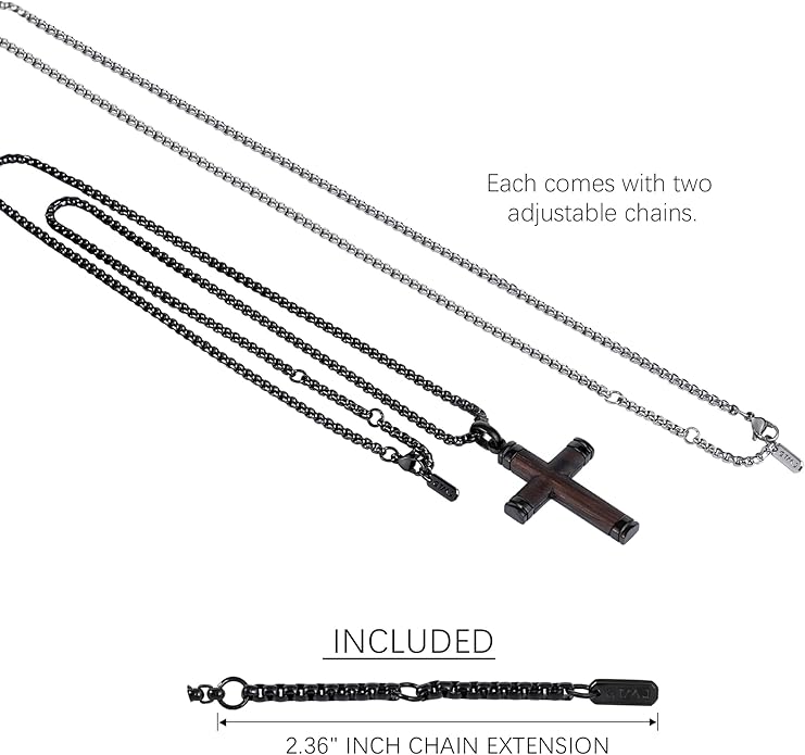 GTMJ Cross Necklace for Men -Stainless Steel & Wood Adjustable Box Chain 24-26in, Spiritual Jewelry Gift for Him, Everyday Wear