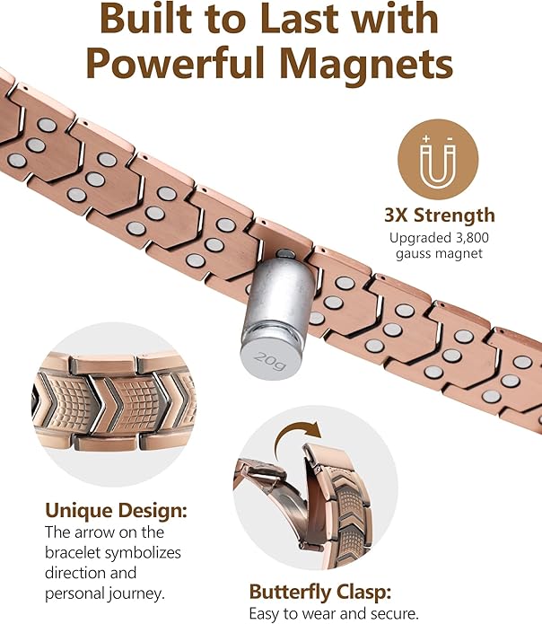 Feraco Copper Bracelet for Men 3X Strength,Magnetic Therapy Bracelet Copper Jewelry with Powerful 3800 Gauss Magnets,Premium Fold-Over Clasp