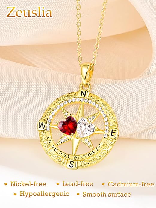 Zeuslia Double Birthstone Necklace Gifts for Wife - 925 Sterling Silver Sunflower/Rose/Crown Cross/Compass/Heart Pendant I Love You Necklace, Anniversary Birthday Gifts for Wife Girlfriend Mom Her