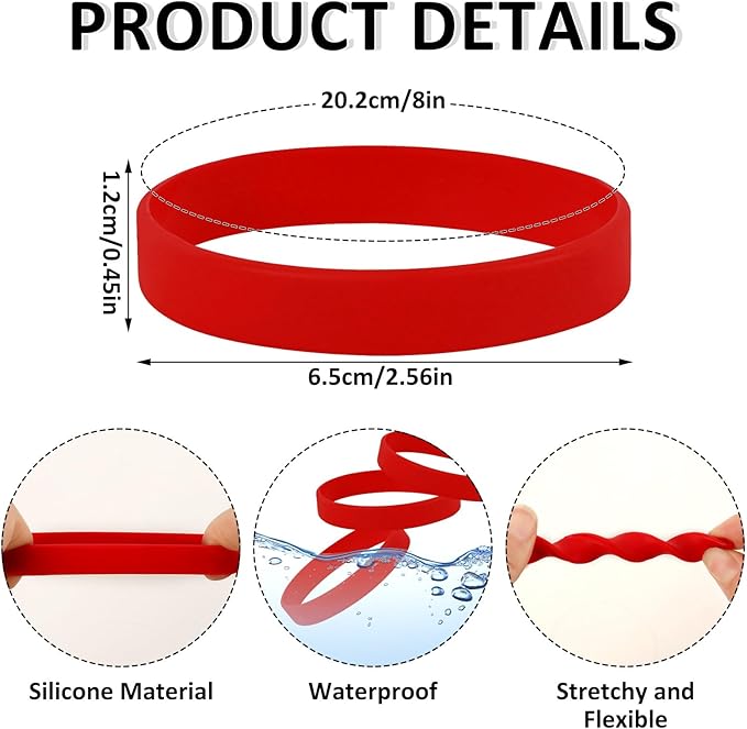 JUNEBRUSHS 24 Pcs Red Rubber Bracelets, Blank Silicone Wristbands Elastic Solid Color Wrist Bands for Women Men DIY Events Decorations Office Gifts Game Party Favor