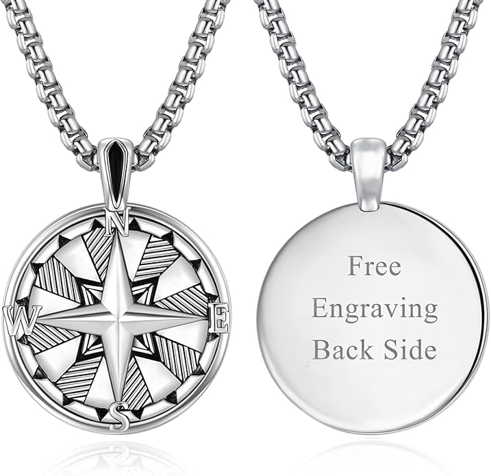 KINGWHYTE Compass Necklace for Men 925 Sterling Silver Birthday Gifts Graduation Travel Jewelry for Husband Brother with Stainless Steel Chain
