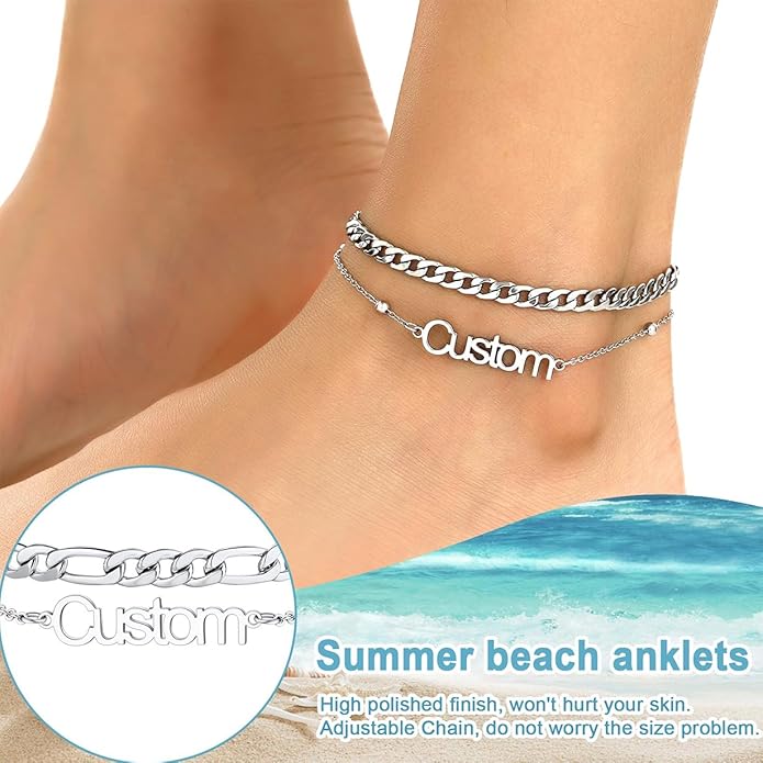U7 Custom Layered Ankle Bracelets for Women Stainless Steel Bead/Cuban/Figaro/Rope/Wheat Chain Anklet Waterproof Anklet Jewelry for Beach Vacation