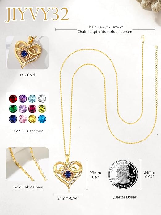 Infinite Heart Birthstone Necklaces for Women Gold Plated Pendant Wedding Anniversary Birthday Gift for Wife Her Mom Grandma Daughter Jewelry with Round Birthstone