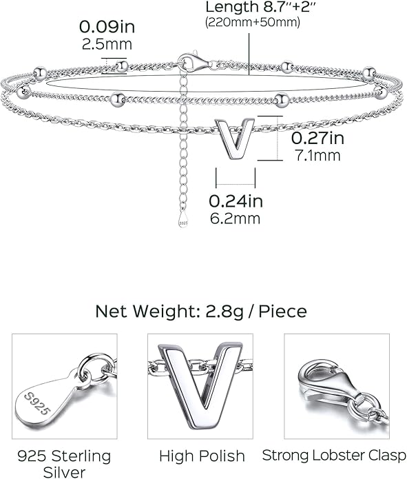 ChicSilver Ankle Bracelets for Women Waterproof, 925 Sterling Silver Initial Anklets for Women, Adjustable Dainty Layered Anklet Beach Jewelry for Women Mom Wife Friend