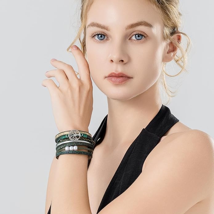 FANCY SHINY Tree of Life Leather Wrap Bracelet Inspirational Cuff Bangles Boho Pearl Bracelets with Magnetic Clasp Unique Jewelry Gifts for Women