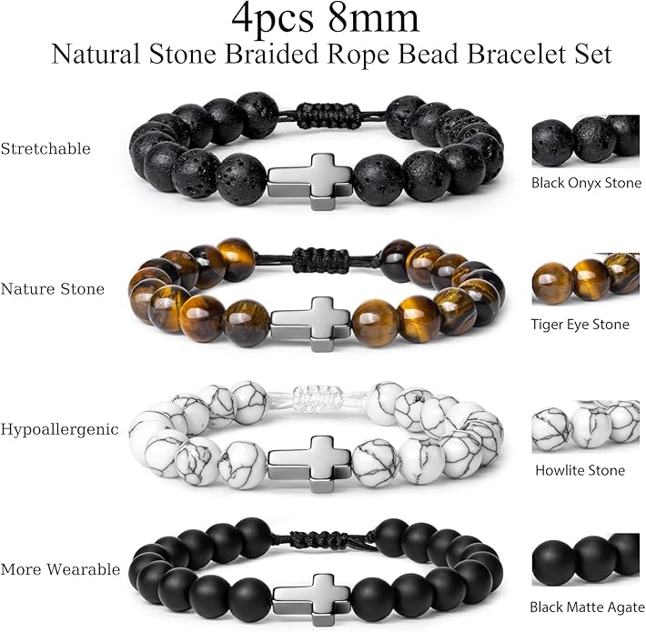 Romass 2Pcs Cross Bracelet for Men,Tiger Eye Beaded Bracelets 8MM Natural Stone Adjustable Jewelry Christian Easter Christmas Gifts Box