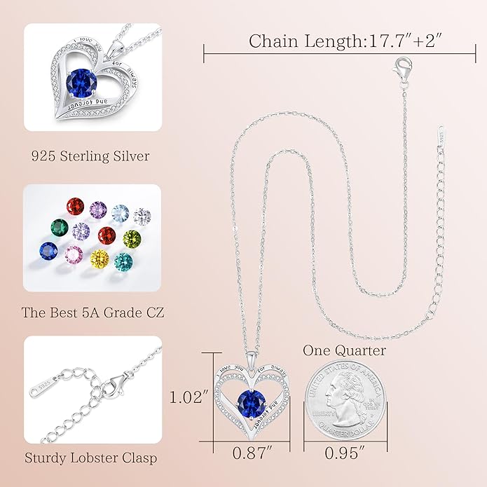LOUISA SECRET Love Heart Birthstone Necklaces for Women, Birthday Gift for Girlfriend, Anniversary Jewelry Gift for Wife Her, 925 Sterling Silver Women Pendant Necklace, Mother's Day Christams Gift
