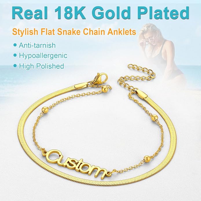 U7 Custom Layered Ankle Bracelets for Women Stainless Steel Bead/Cuban/Figaro/Rope/Wheat Chain Anklet Waterproof Anklet Jewelry for Beach Vacation