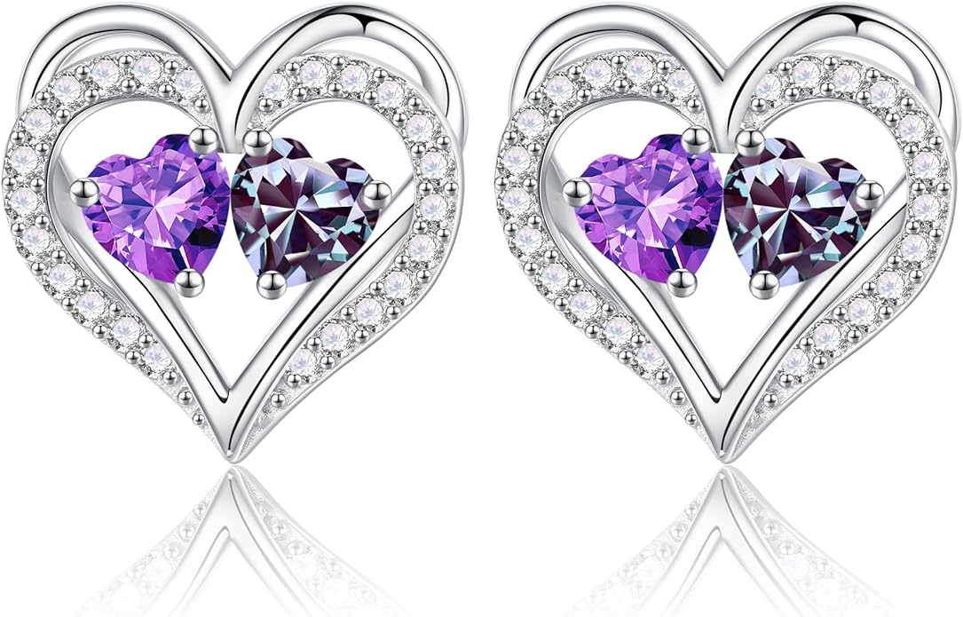 Iefil Birthstone Earrings for Women - 925 Sterling Silver Heart Earrings Anniversary Birthday Gifts for Women Wife Girlfriend Mom