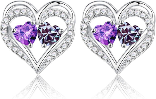 Iefil Birthstone Earrings for Women - 925 Sterling Silver Heart Earrings Anniversary Birthday Gifts for Women Wife Girlfriend Mom