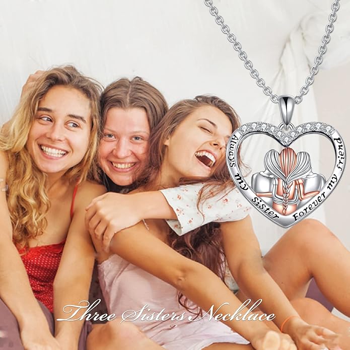 POPKIMI 925 Sterling Silver Sister Necklace - Birthday Gift for Sisters, Mom, Daughter - Always My Sister Forever My Friend Crystal Necklace for 2/3/4/5 Sisters