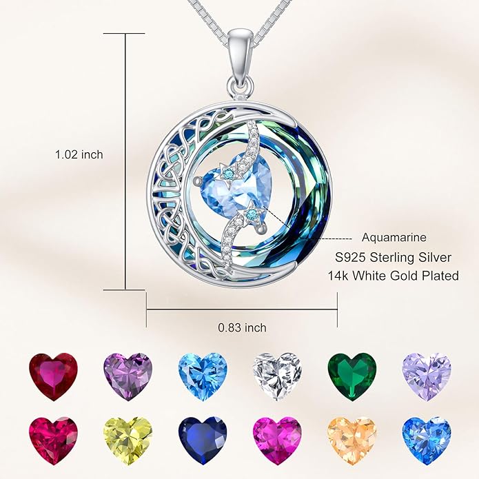 TOUPOP Christmas Gifts Birthstone Necklace 925 Sterling Silver Moon and Star Pendant with Blue Crystal Celtic Moon Jewelry Birthday Gifts for Women Mom Wife Her Daughter