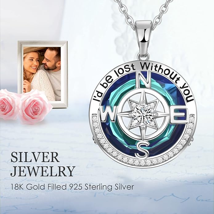 Compass Necklaces for Womens Jewelry for Wife Birthday Gift Ideas Wedding Anniversary Birthday Gifts for Her Gifts for Wife Sapphire Jewelry for Women, 18k Real Gold Filled S925 Sterling Silver Based