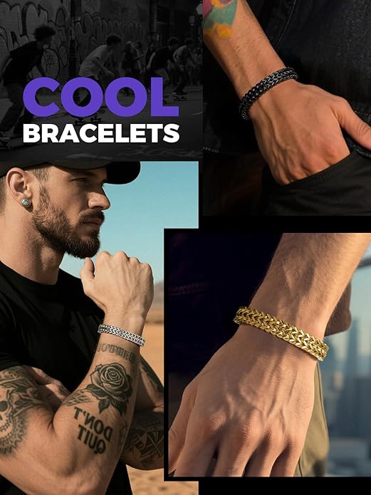 Richsteel Bracelets for Men 6mm/10mm/12mm Width Stainless Steel With Sturdy Clasp Franco Curb Chain Mens Bracelet 7.4/8.2/9 Inches Length