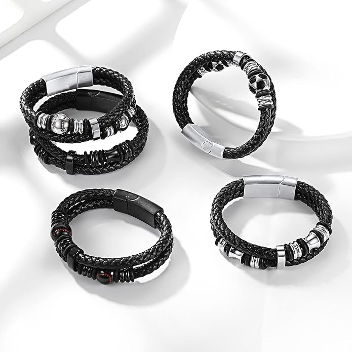 Bestyle Genuine Men Leather Bracelets Fashion Stainless Steel Celtic/Sport Ball Bead Cuff Wirstband Bracelets for Men, Size 7.5/8.3/9.1Inch